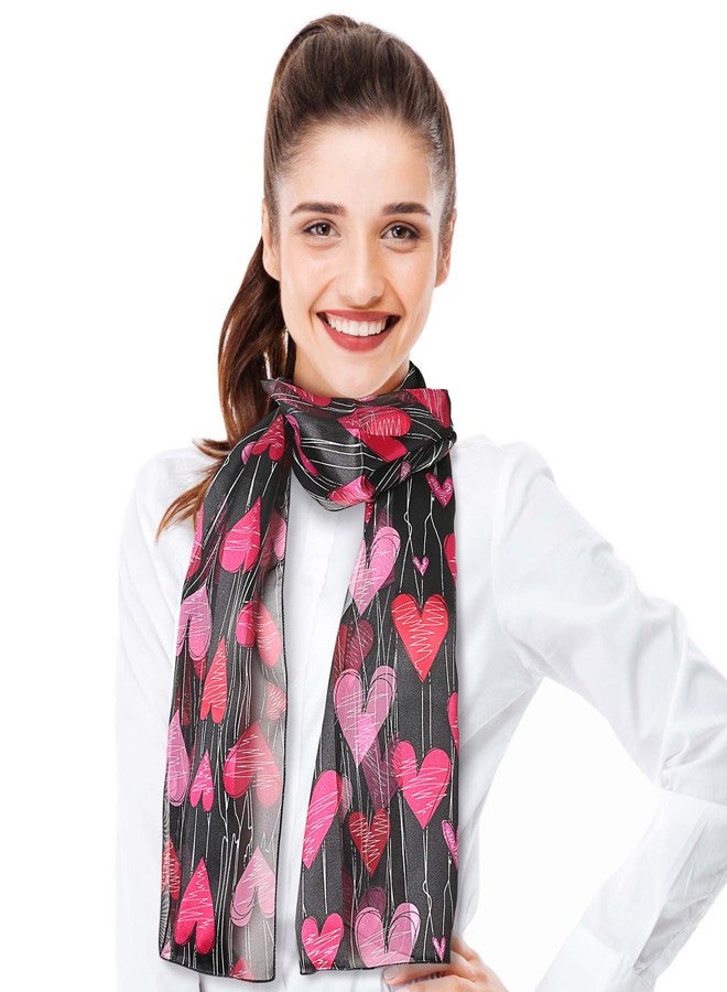 CBC Crown Women's Lightweight Silk Feeling Heart Print Valentines Day Festive Scarf 13"x60" (Falling Hearts - BK) - Image 2